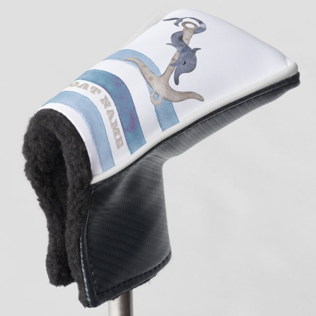 Boat Name,Anchor Dolphin Light Blue Stripes  Golf Head Cover (3/4 Front)