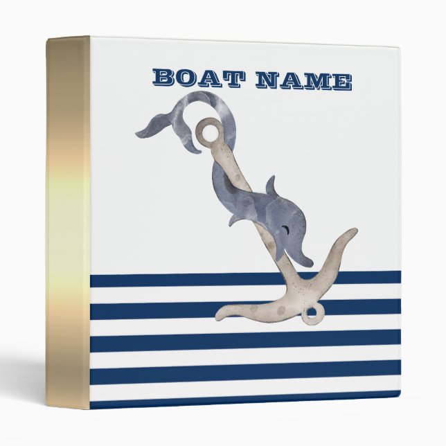  Boat Name,Anchor Dolphin Navy Blue Stripes  Binder (Front/Spine)
