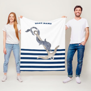Boat Name,Anchor Dolphin Navy Blue White Stripes Fleece Blanket