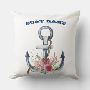 Boat Name,Anchor Flowers Navy Blue Stripe Throw Pillow