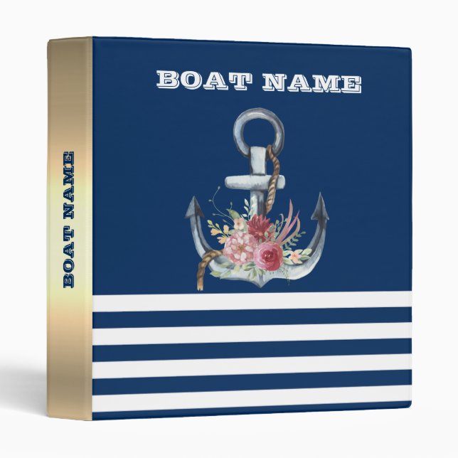 Boat Name,Anchor Flowers Navy Blue Striped Binder (Front/Spine)