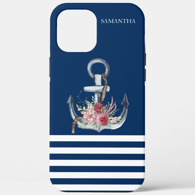 Boat Name,Anchor Flowers Navy Blue Striped Case-Mate iPhone Case (Back)