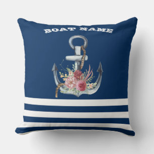  Boat Name,Anchor Flowers Navy Blue Striped Throw Pillow