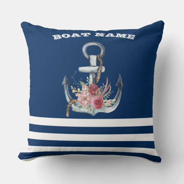  Boat Name,Anchor Flowers Navy Blue Striped Throw Pillow (Front)