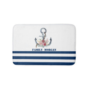 Boat Name,Anchor Flowers Navy Blue Stripes Bath Mat