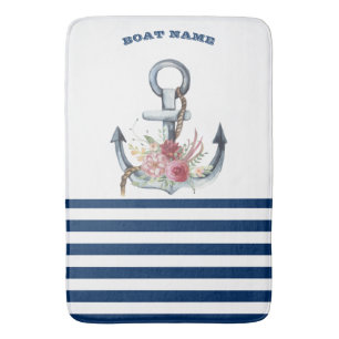 Boat Name,Anchor Flowers Navy Blue Stripes Bath Mat