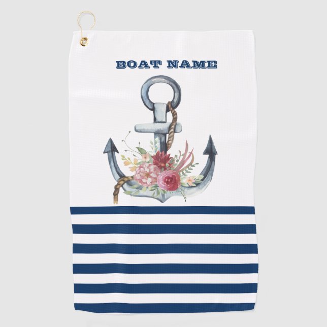  Boat Name,Anchor Flowers Navy Blue Stripes Golf Towel (Front)
