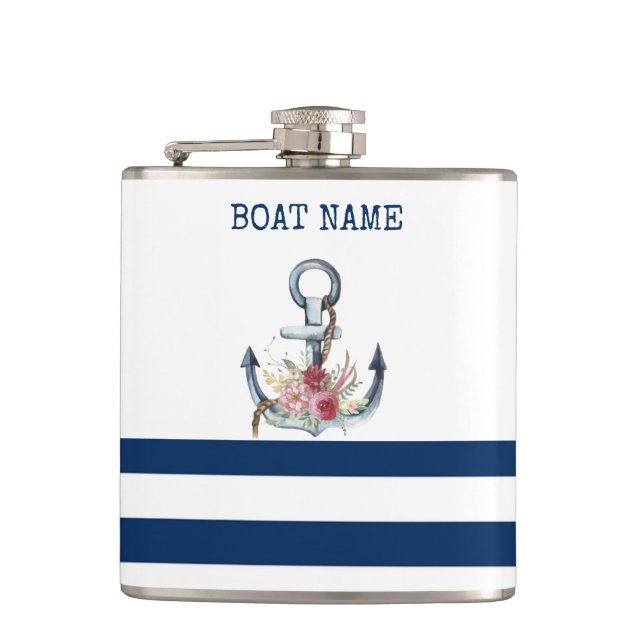  Boat Name,Anchor Flowers Navy Blue Stripes  Hip Flask (Front)