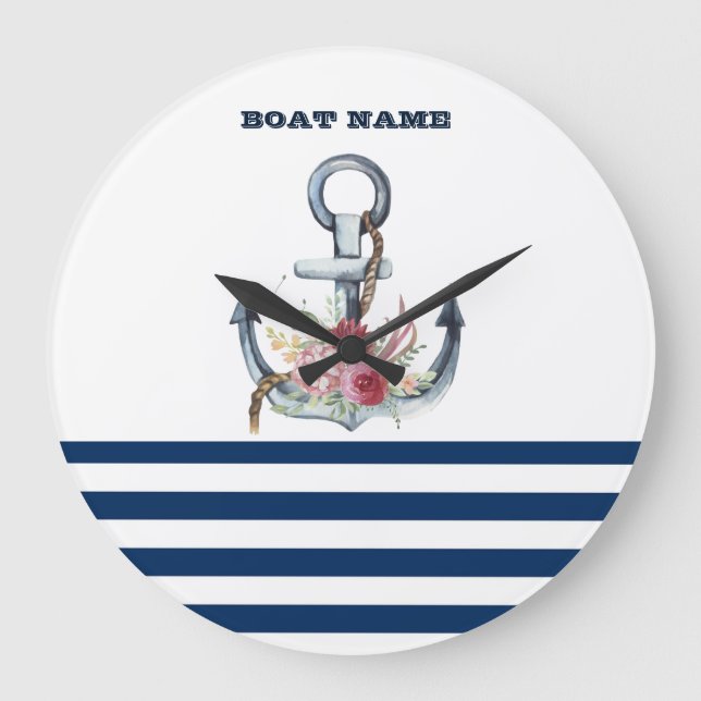  Boat Name,Anchor Flowers Navy Blue Stripes  Large Clock (Front)