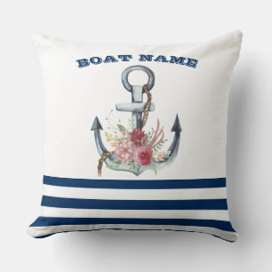  Boat Name,Anchor Flowers Navy Blue Stripes  Throw Pillow