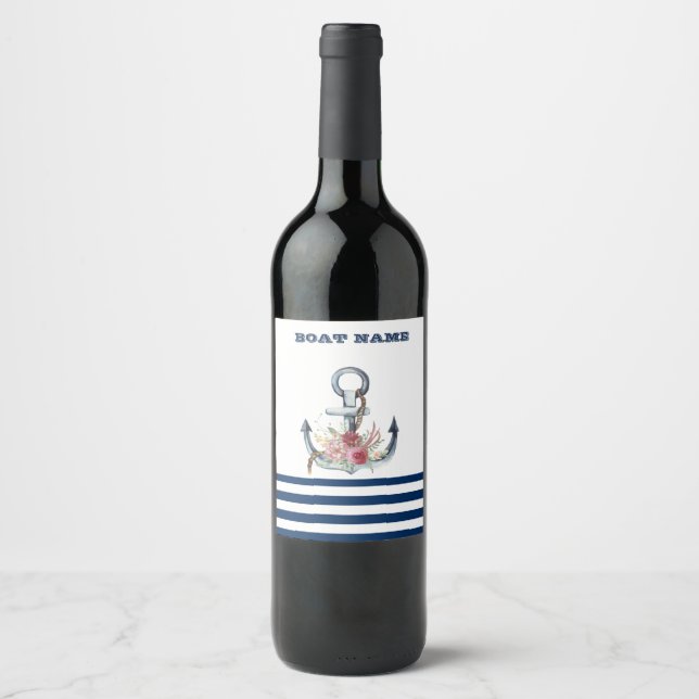  Boat Name,Anchor Flowers Navy Blue Stripes  Wine Label (Front)