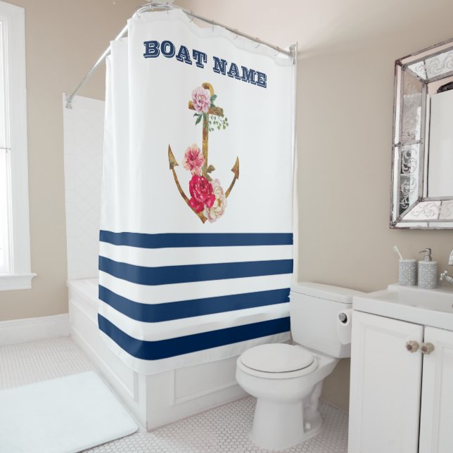 Boat Name,Anchor Flowers Navy Blue White Stripes (In Situ)