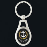 Boat Name Anchor Gold Style Laurel and Star Black Keychain<br><div class="desc">A Personalized metal keychain with your boat name,  family name or other desired text as needed. Featuring a custom designed nautical boat anchor,  gold style laurel leaves and star emblem on black or easily adjust the primary colour to match your current theme. Makes a great any occasion.</div>