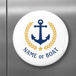 Boat Name Anchor Gold Style Laurel blue white Magnet<br><div class="desc">A Personalized round magnet with your boat name,  family name or other desired text as needed. Featuring a custom designed nautical boat anchor,  gold style laurel leaves and star emblem on white or easily adjust the primary colour to match your current theme.</div>