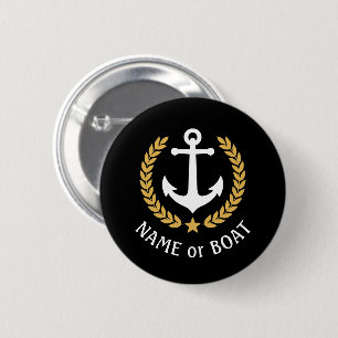 Boat Name Anchor Gold Style Laurel Star Black 2 Inch Round Button