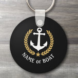 Boat Name Anchor Gold Style Laurel Star Navy Black Keychain<br><div class="desc">A Personalized Keychain with your boat name,  family name or other desired text as needed. Featuring a custom designed nautical boat anchor,  gold style laurel leaves and star emblem on black or easily adjust the primary colour to match your current theme. Makes a great any occasion.</div>
