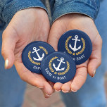 Boat Name Anchor Gold Style Laurel Star Navy Blue 1 Inch Round Button<br><div class="desc">A Personalized button with your boat name,  family name or other desired text as needed. Featuring a custom designed nautical boat anchor,  gold style laurel leaves and star emblem on navy blue or easily adjust the primary color to match your current theme. Makes a great any occasion.</div>