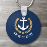 Boat Name Anchor Gold Style Laurel Star Navy Blue Keychain<br><div class="desc">A Personalized Keychain with your boat name,  family name or other desired text as needed. Featuring a custom designed nautical boat anchor,  gold style laurel leaves and star emblem on navy blue or easily adjust the primary colour to match your current theme. Makes a great any occasion.</div>