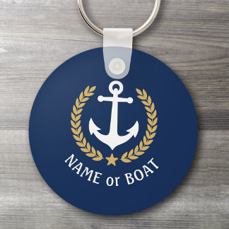 Boat Name Anchor Gold Style Laurel Star Navy Blue Keychain