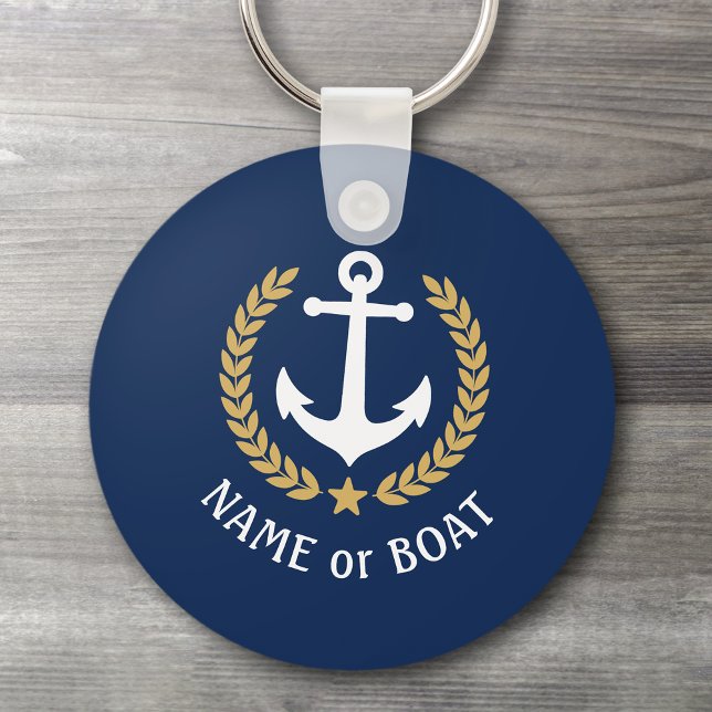 Boat Name Anchor Gold Style Laurel Star Navy Blue Keychain (Creator Uploaded)