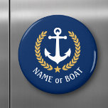 Boat Name Anchor Gold Style Laurel Star Navy Blue Magnet<br><div class="desc">A Personalized round magnet with your boat name,  family name or other desired text as needed. Featuring a custom designed nautical boat anchor,  gold style laurel leaves and star emblem on navy blue or easily adjust the primary colour to match your current theme.</div>
