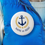 Boat Name Anchor Gold Style Laurel Star Navy White 1 Inch Round Button<br><div class="desc">A Personalized button with your boat name,  family name or other desired text as needed. Featuring a custom designed nautical boat anchor,  gold style laurel leaves and star emblem on white or easily adjust the primary colour to match your current theme. Makes a great any occasion.</div>