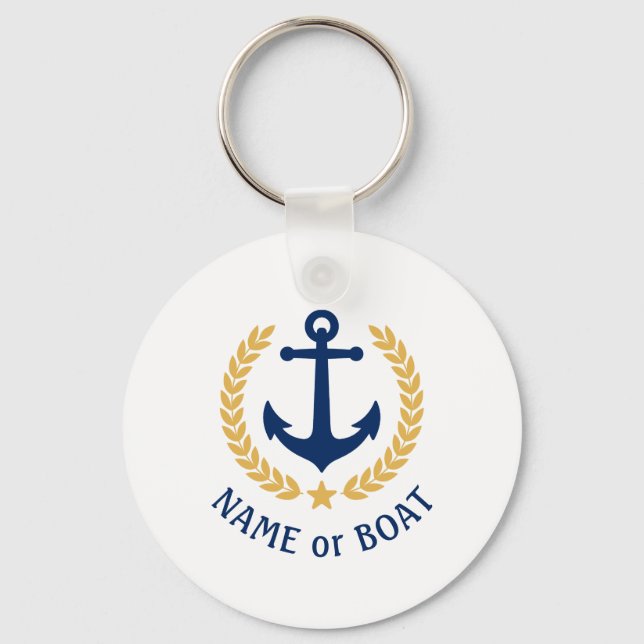 Boat Name Anchor Gold Style Laurel Star Navy White Keychain (Front)