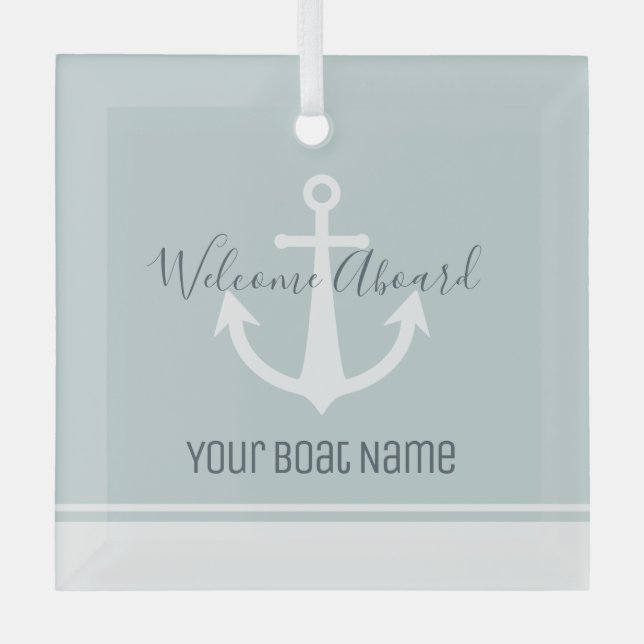 Boat Name Anchor Nautical Glass Ornament (Front)