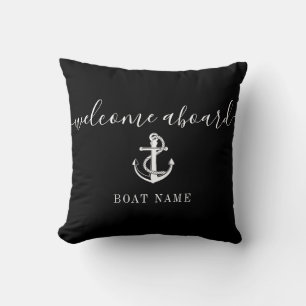 Boat Name Anchor Welcome Aboard Black And White Throw Pillow