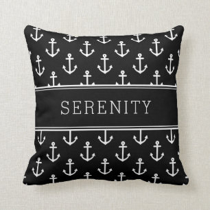Boat Name Anchors and Stripes Black Throw Pillow