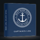 Boat name and hailing port anchor rope border binder<br><div class="desc">Binder featuring a white,  elegant anchor and rope emblem with your custom boat name and hailing port on a dark blue background.</div>