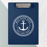 Boat name and hailing port anchor rope border clipboard<br><div class="desc">Clipboard featuring a white, elegant anchor and rope emblem with your custom boat name and hailing port on a dark blue background.</div>