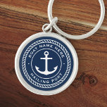 Boat name and hailing port anchor rope border keychain<br><div class="desc">Keyring for your boat featuring a white,  elegant anchor and rope emblem with your custom boat name and hailing port on a dark blue background.</div>