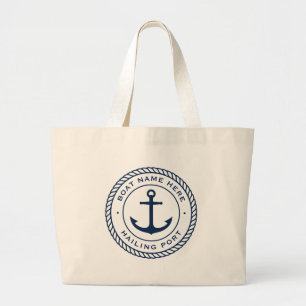 Boat name and hailing port anchor rope border large tote bag
