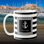Boat Name Black And White Stripe Anchor Coffee Mug<br><div class="desc">A nautical design featuring an anchor,  stylish black and white stripes and personalized with your boat name. Designed by Thisisnotme©</div>