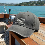 Boat Name Captain Nautical Stars Distressed Grey Embroidered Hat<br><div class="desc">Sail in style with a personalized distressed grey embroidered hat featuring your Captain rank or other title,  your Name or Boat Name and stars. Several cap and thread colours to choose from. Makes a great custom gift for Fathers day,  Mothers day or any occasion.</div>