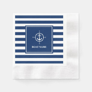 Boat Name Compass Anchor Blue Stripes Cocktail Napkin