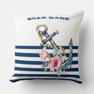 Boat Name,Floral Anchor Navy Blue Stripe Throw Pillow