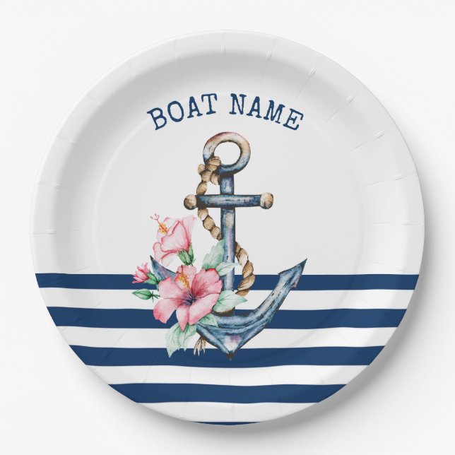  Boat Name,Floral Anchor Navy Blue Stripes  Paper Plate (Front)