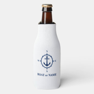 Boat Name Nautical Anchor Compass Navy on White Bottle Cooler