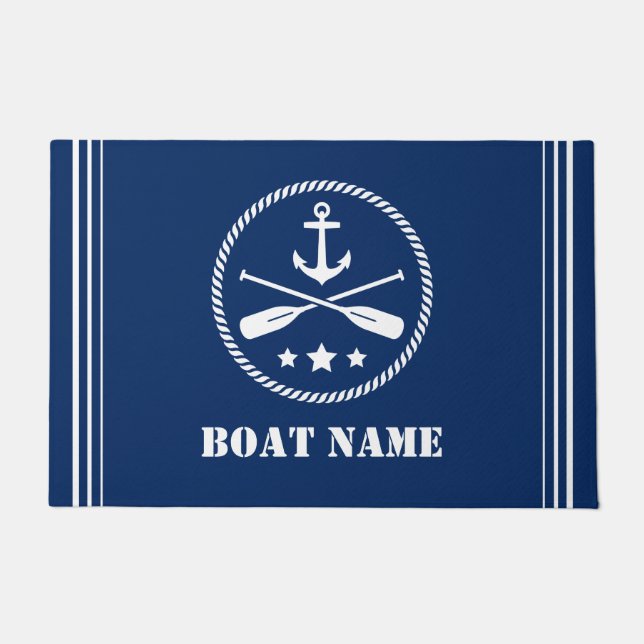 Boat Name Nautical Anchor & Crossed Oars Navy Blue Doormat (Front)