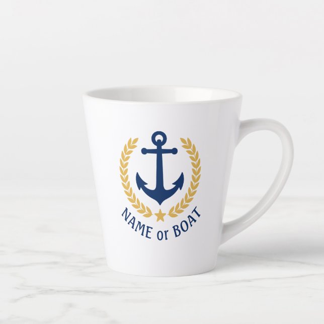 Boat Name Nautical Anchor Gold Laurel Star Latte Mug (Right)