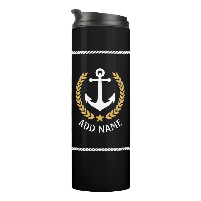 Boat Name Nautical Anchor Gold Style Laurel Black Thermal Tumbler (Rotated Right)