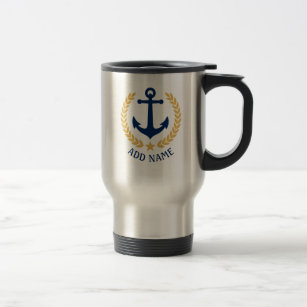 Boat Name Nautical Anchor Gold Style Laurel Leaves Travel Mug
