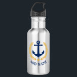 Boat Name Nautical Anchor Gold Style Laurel Star 532 Ml Water Bottle<br><div class="desc">A Personalized stainless steel water bottle with your boat name,  family name or other desired text. Featuring a custom designed nautical boat anchor,  gold style laurel leaves and star emblem. Makes a great gift for any occasion.</div>