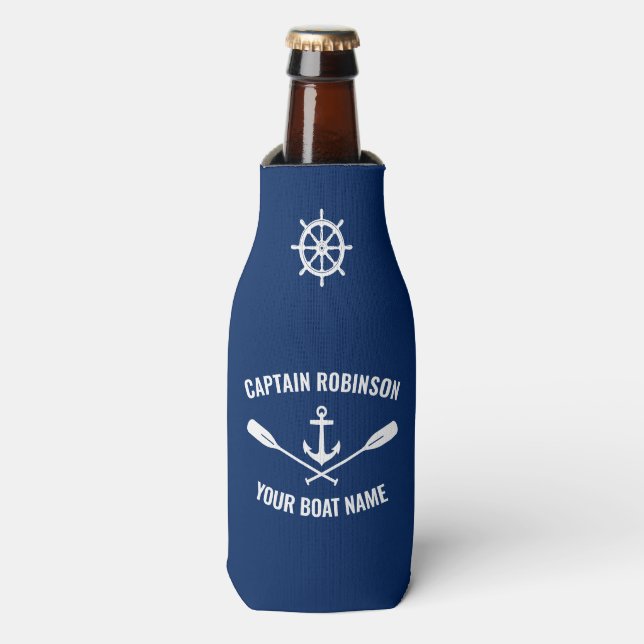 Boat Name Nautical Anchor Oars & Ships Wheel Navy Bottle Cooler (Bottle Front)