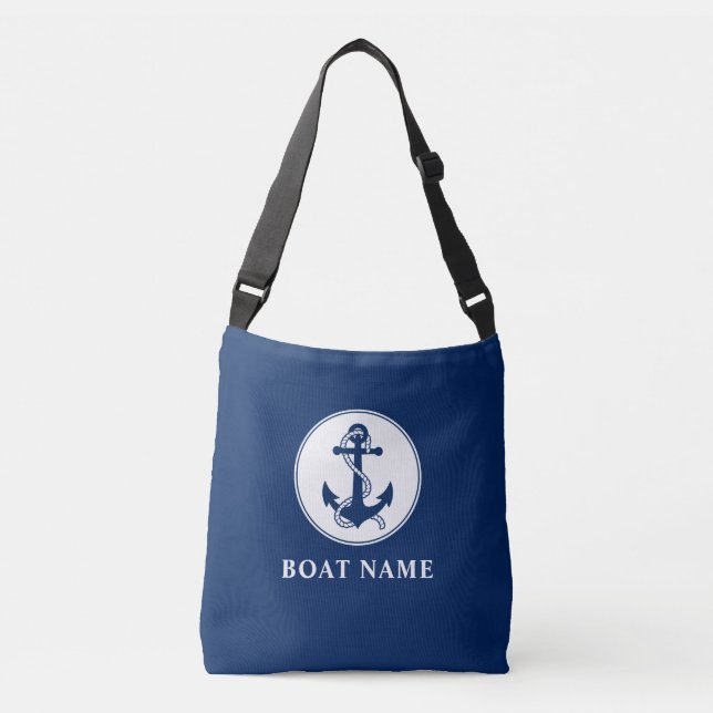 Boat Name Nautical Anchor Rope Navy Blue Crossbody Bag (Front)