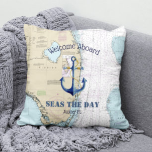 Boat Name & Nautical Anchor Welcome Aboard Florida Outdoor Pillow