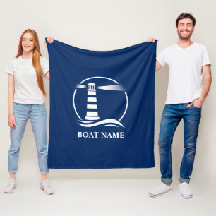 Boat Name Nautical Classic Lighthouse Navy Blue Fleece Blanket