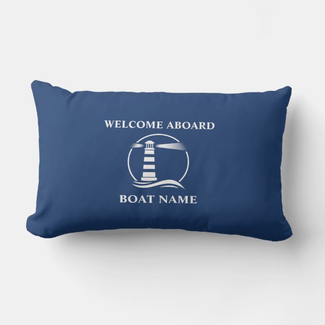 Boat Name Nautical Classic Lighthouse Navy Blue Lumbar Pillow (Front)